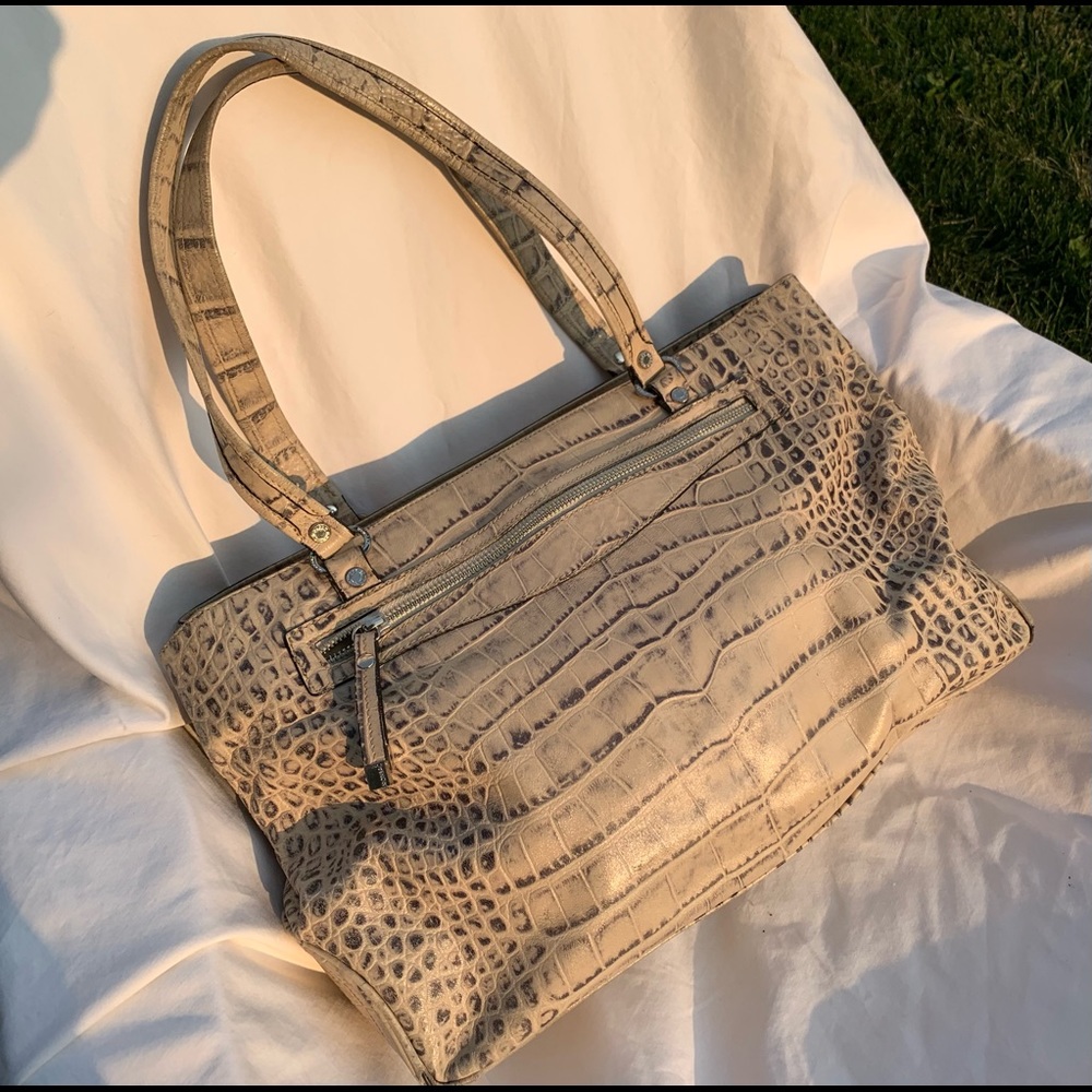 Monsac Cream & Brown Embossed Leather Large Tote